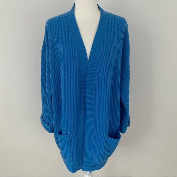 $489 Nap oversized PLUSH CASHMERE RIB-KNIT CARDIGAN IN CORNFLOWER BLUE Sz S *S22 - Picture 2 of 5